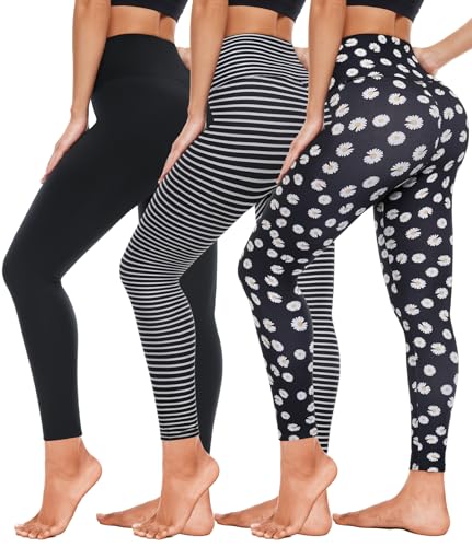 Leggings for Women 3 Pack-High Wasited Tummy Control Yoga Pants Clothing Licras Deportivas De Mujer Sets Pant Tights for Women Sweatpants Joggers Tracksuit(3 Pcs Black+Stripes+Daisies Color L-XL)
