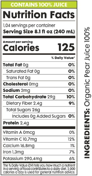 Image of Pomona Organic Pear Juice, Cold Pressed USDA Organic Juices, Pears And Lemon Juice, No Added Sugar, Not From Concentrate, Vegan, Kosher, Non GMO, Pasteurized, 8.4 Oz Glass Bottles