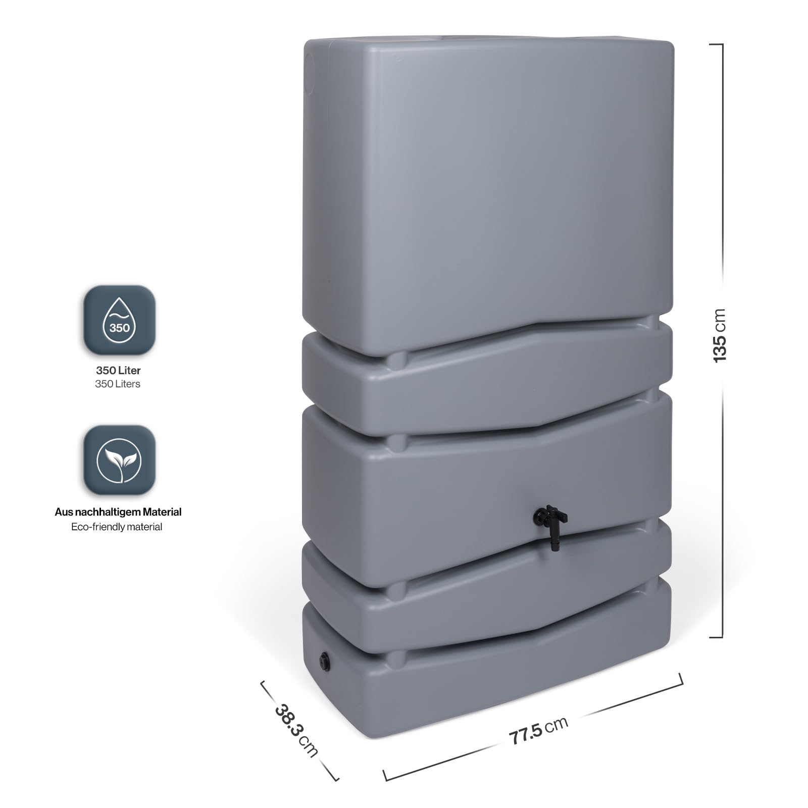 Kreher XXL Regentonne Aqua Tower Kunststoff, Auslaufhahn (350 L, Grau) | Robustes Regenfass aus PP mit Deckel und Fallrohr-Anschluss, edel-schlichtes Design als Regenwasserspeicher im Garten