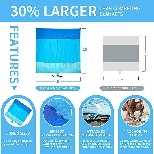 AlphaBeing Sand Free Beach Blanket - 9' X 10' Oversized Sand Proof Mat with 4 Anchor Loops & Metal Stakes - Outdoor Picnic Blanket Ground Cover for Camping, Hiking, Travel and Music Festivals