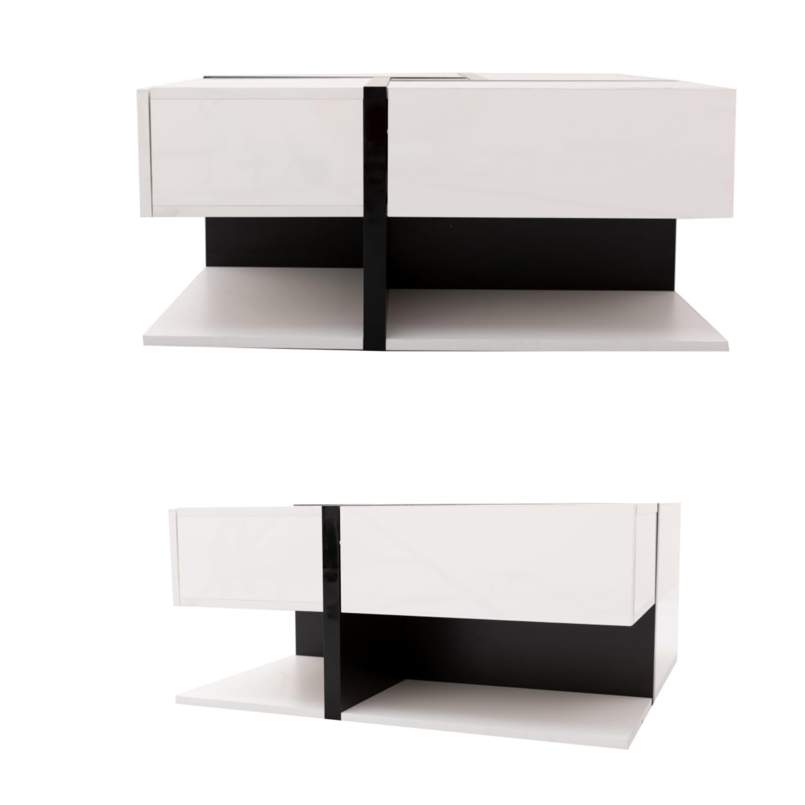 KOMHTOM Table basse carrée blanche moderne. Table d'appoint avec quatre tiroirs et compartiment de rangement ouvert, table basse pour salon chambre à coucher (Blanc+Noir)
