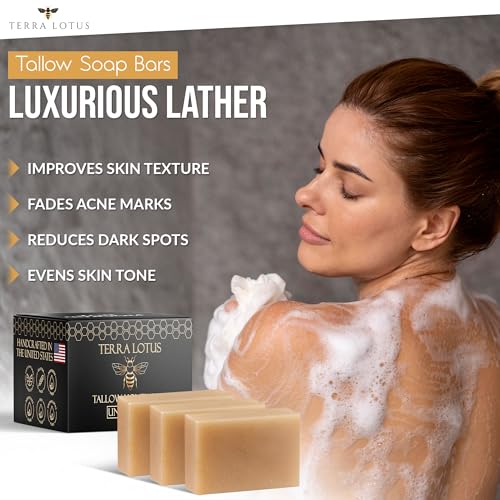 Organic Tallow Soap with Organic Castor Oil & Raw Honey - Relief for Dark Spots, Acne Marks, Hydrating & Nourishing - 3 Pack (Unscented) - Image 4
