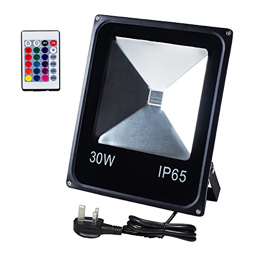 T-SUN 30W RGB Flood Lights, Outdoor Color Changing Waterproof LED Security Light, RGB Spotlight with Remote Control & US Plug for Garden, Yard, Warehouse, Sidewalk, Garage (30W)