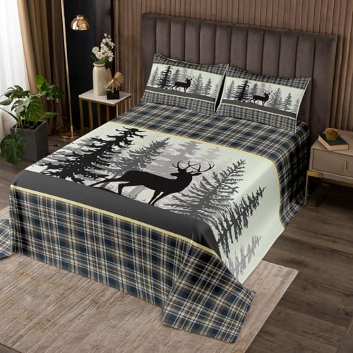 Deer Wildlife Quilt Bedding Set Queen Size,Deer Antler Pine Hunting Lodge Decor Bedspread Coverlet for Girls Teens,Animals Rustic Farmhouse Grid Plaid Soft Polyester Quilt Set, All Season