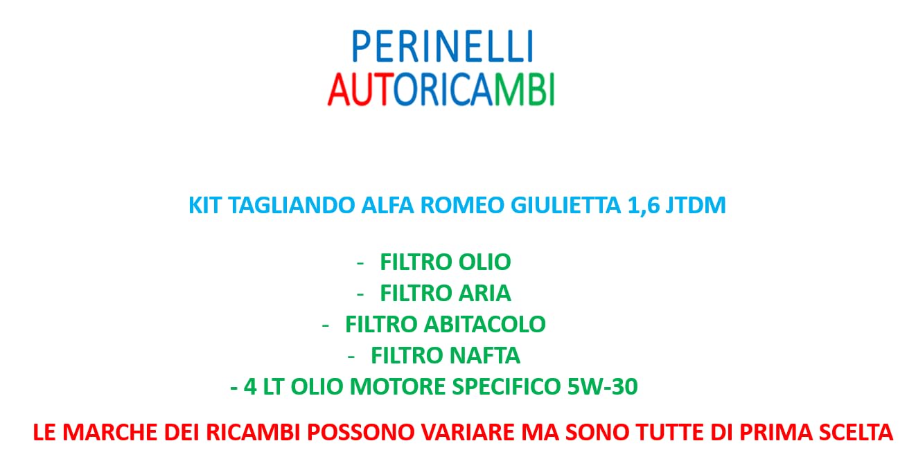 Kit Tagliando Completo per Alfa Romeo Giulietta 1.6 JTDM, Olio 5W-30 C3, Filtro Olio, Aria, Abitacolo e Carburante