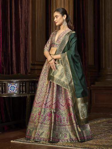 Image of PURVAJA Women's Kanjiwaram Semi-Stitched Lehenga choli