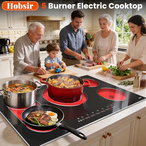 Image of Hobsir 36 Inch Built in Electric Cooktop, 9600W 5 Burner Electric Stove Top with BBQ Function & Triple Ring, 9-Level Power, 99Min Timer & Safety Lock, Cook Top with Glass Metal Frame, 220V Hardwired