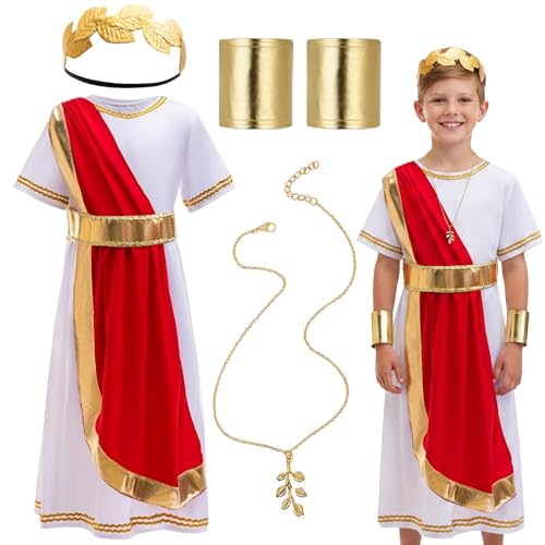 Fictoria Roman Greek Costume Boys - Ancient Roman Emperor Toga Fancy Dress Costume with Gold Leaf Headband Belt Wristbands and Necklace for Kids Halloween Cosplay (S)