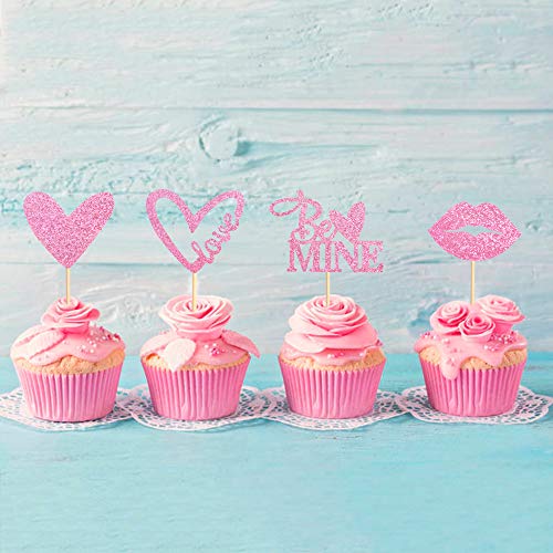 Cyodoos 24Pcs Pink Love Heart Cupcake Topper Sexy Lip Be Mine Cupcake Picks For Valentine's Day Decoration Wedding Party Decoration #TOP6