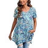 ENMAIN Summer Tops for Women Plus Size Short Sleeve Tunic Tops Loose Fit Paisley Shirts Casual Flora