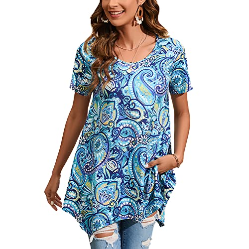 Enmain Summer Tops For Women Plus Size Short Sleeve Tunic Tops Loose Fit Paisley Shirts Casual Floral Ladies Tops And Blouses Sky Blue #TOP8