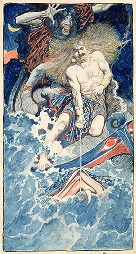 Affiche La pêche de Thor et Hymir de Howard Pyle - Toile portrait 60x90cm pour decoration murale