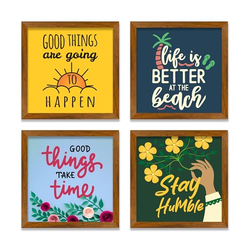 Artvibes Inspirational Quotes Wooden Wall Frames Without Glass Decorative item for Living room Bedroom Office Decor Modern Artwork Painting Wall Mount Hanging Decoration Item (PF_7317NN) Set of 4