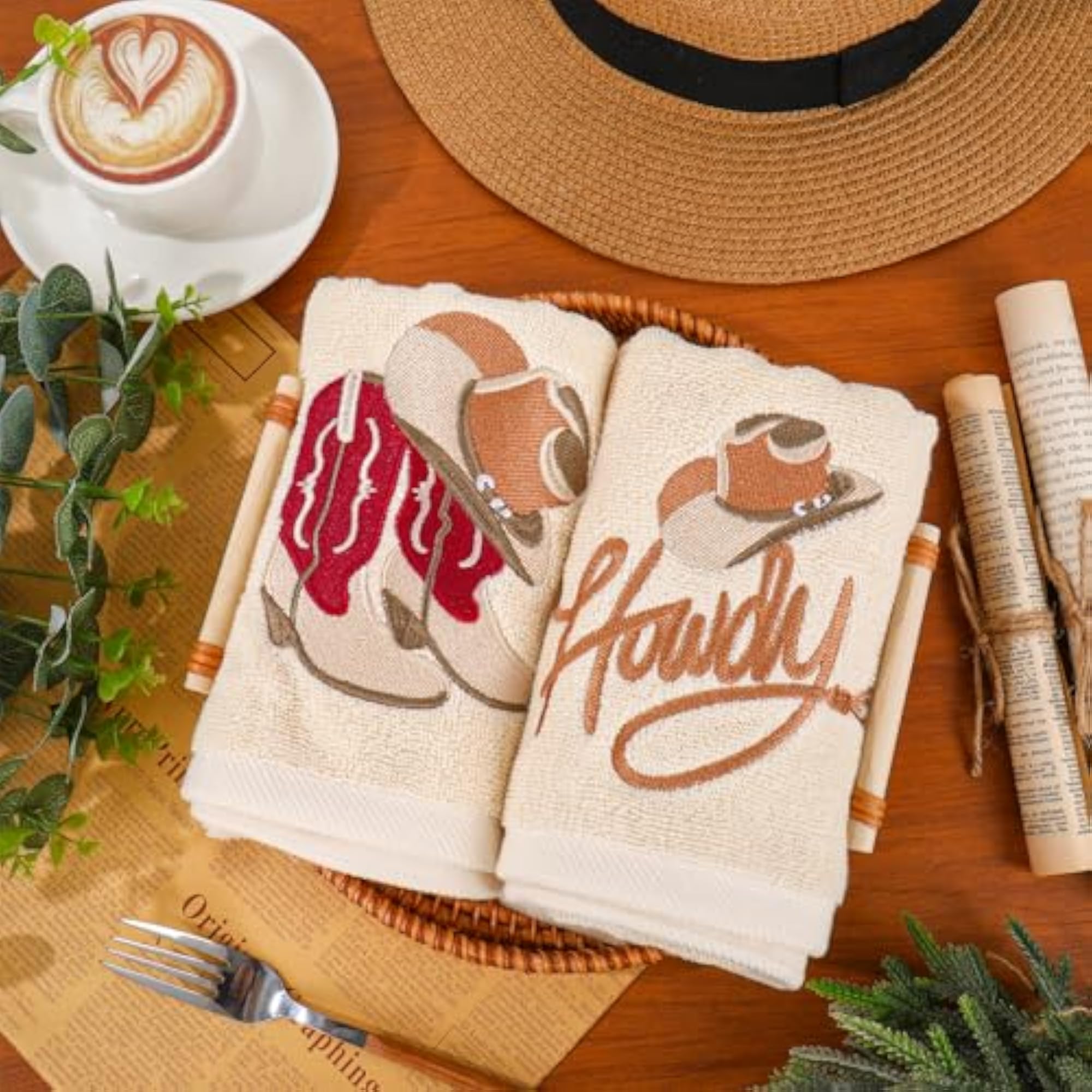 2Pcs Cowboy Hand Towels with Embroidered Design