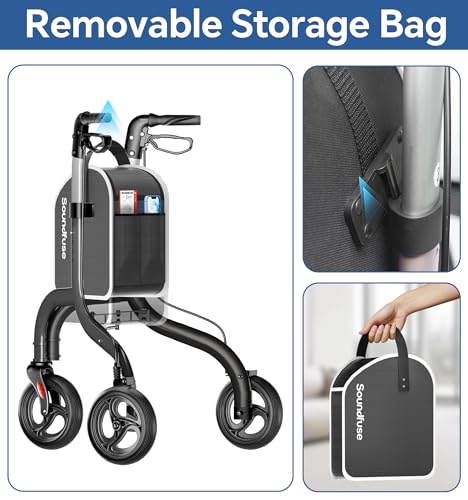 Soundfuse 3 Wheel Walkers for Seniors, Lightweight Foldable Aluminum Rollator Walker, Height Adjustable Three Wheel Walker, FSA HSA Eligible, Black - Thumbnail 5
