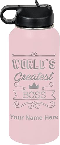 Miniatura 40 de LaserGram Botella de agua personalizada, World's Greatest Boss, acero inoxidable de doble pared aislada al vacío con popote superior, regalo grabado