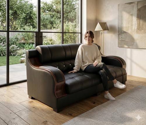 Image of 3-Seater Sofa with Tufted Black Leatherette Upholstery, Wooden Arm Accents, Living Room