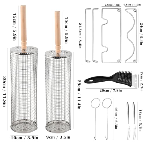 2 Pcs Grillkorb Edelstahl 30cm 29cm, Upgrade Öffnung, Grillkorb Gemüse Rund mit 2 Abnehmbarer Holzgriff, 2 Haken, 2 Gabeln, Reinigungsbürste, Halterungen, Grillzubehör Grill Geschenke Männer Frauen