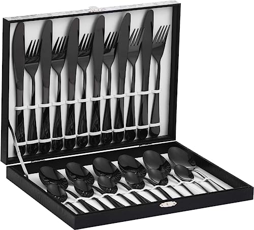 Velaze Couverts de Table Noir en Acier Inoxydable 18/10, Ménagère de 24 Pièces pour 6 Personnes, Couteaux et Fourchettes Noir Brillant, Coffret/Boîte-Cadeau