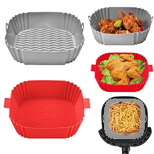 Square Silicone Air Fryer Liners 8 Inch,2 PCS Air Fryer Silicone Liners Baking Tray Reusable Air Fryer Basket Food Safe Air Fryer Silicone Pot Fit 6QT Bigger Airfryer,Oven,Microwave Accessories
