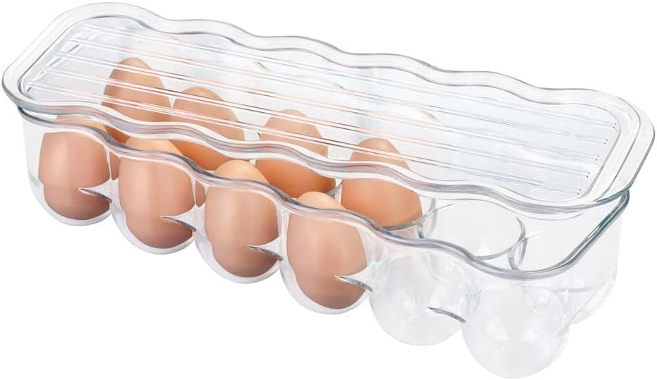 mDesign Stackable Plastic Covered Egg Tray Holder, Storage Container and Organizer for Refrigerator - Dozen-Section Carrier Bin with Lid and Handle - Holds 12 Eggs, 2 Pack - Clear