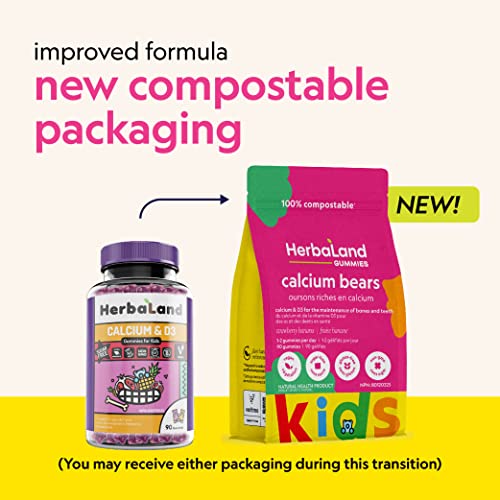 Herbaland Vegan Calcium Bears Gummies For Kids, Contains Calcium, Phosphorus, Vitamin D3, Sugar-Free And Gluten-Free – Strawberry Banana Flavor, 90 Count, Compostable Pouch #TOP1