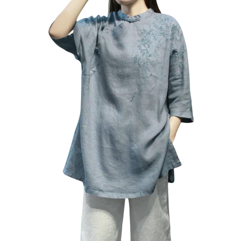 Costume d'été mi-long en coton et lin brodé pour femme avec boutons grenouille stylés