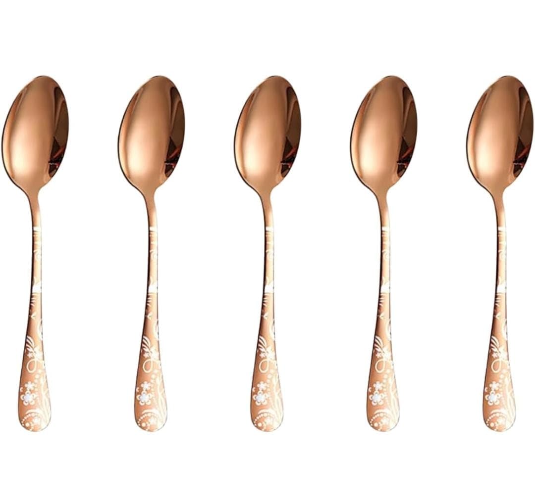 Shipnetic Classy Rose Gold Silverware Dessert Spoons with Floral Printed Handle | 5-Piece Premium Stainless Steel Flatware Set | Dishwasher Safe Cutlery Set for Home, Restaurant & Gifting