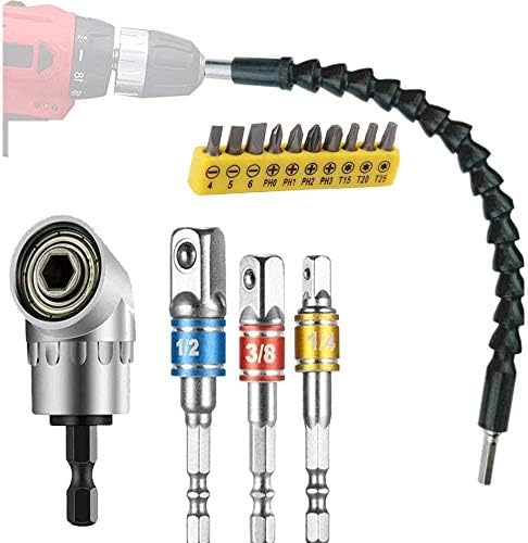 Flexible Drill Extension Hex Shank Drill Nut Driver Bit Set, 1pcs Bendable Drill Bit Extension, 105° Right Angle Drill Extension, 3pcs 1/4 3/8 1/2" Universal Socket Adapter Set, Screwdriver Bit Set