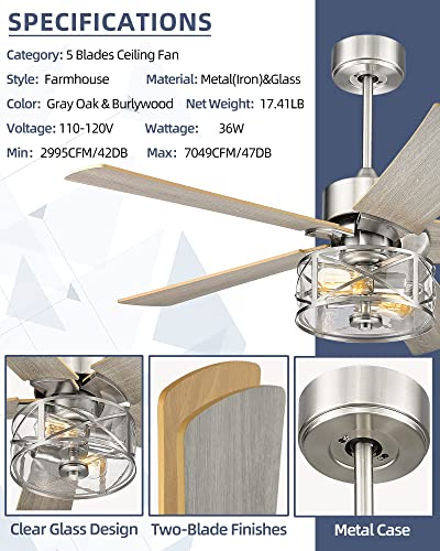 Image of YOUKAIN Farmhouse Ceiling Fans, 48 Inch Industrial Ceiling Fan with Light and Remote Control, Clear Glass, 5-Reversible Blades with Gray Oak /Burlywood Finish, 52-YJ632-BN