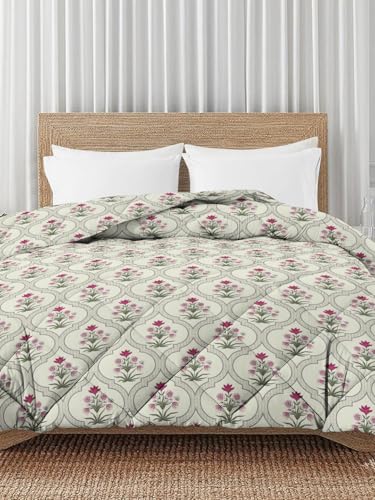 Image of HOMEKART 220 GSM Premium Reversible Microfiber AC Comforter for Single Bed | Soft, Lightweight & Breathable All-Season 3-Layer Quilted Blanket (150 cm x 225 cm, Floral, Almond and Pink Flowe)