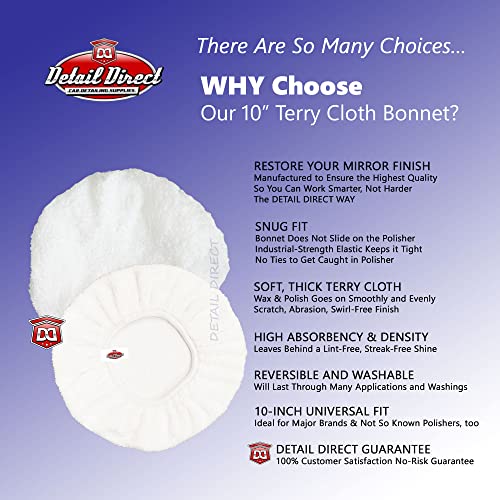 Detail Direct 10'' Polishing Bonnet, Cotton Terry Cloth For Orbital Polishers, Apply Or Remove Car Wax Or Polish (2 Pack), White #TOP1