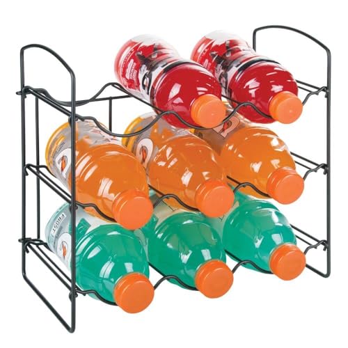 Image of Metal Water Bottle Rack Storage Organizer for Kitchen Countertops, Pantry, Fridge - Stores Wine, Beer, Pop /Soda - 3 Levels, Each Holds 9 Bottles, Free-Standing (Black)