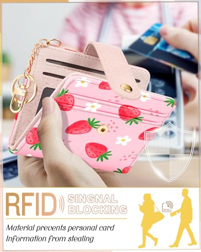 Image of Bistup Small Card Wallet for Women with Keychain, Strawberry | Clear ID Window, Compact Design for Daily Carry, Durable Material, Sturdy Keychain, Aesthetic