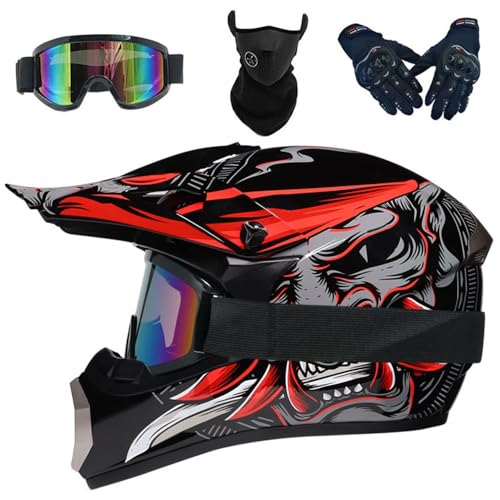 Casque de Motocross Casque Offroad ATV Casque Dot Casque de Moto de Cross pour Jeunes Unisexes Casque de Moto avec Lunettes Gants(Dark Red,S(52-53cm))