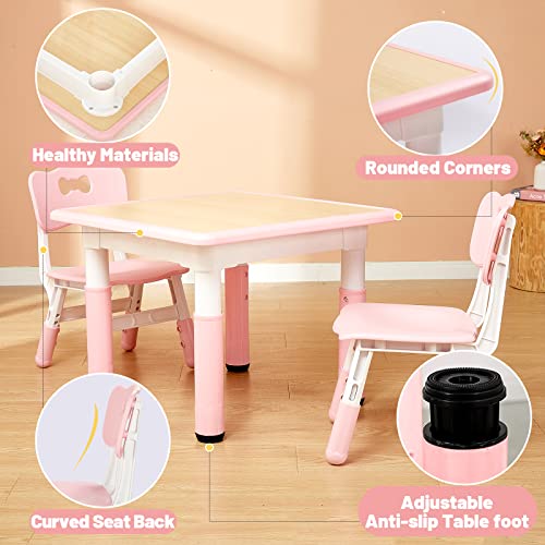 Image of FUNLIO Kids Table and 4 Chairs Set, Height Adjustable Toddler Table and Chair Set for Ages 3-8, Easy to Wipe Arts & Crafts Table, for Classrooms /Daycares /Homes, CPC & CE Approved (5-Piece Set) - Pink