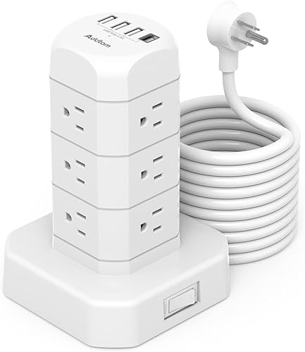 Miniatura 1 de Protector de sobretensiones de torre de regleta de alimentación cable de extensión de 10 pies con múltiples tomas 12 tomas de corriente 4 puertos