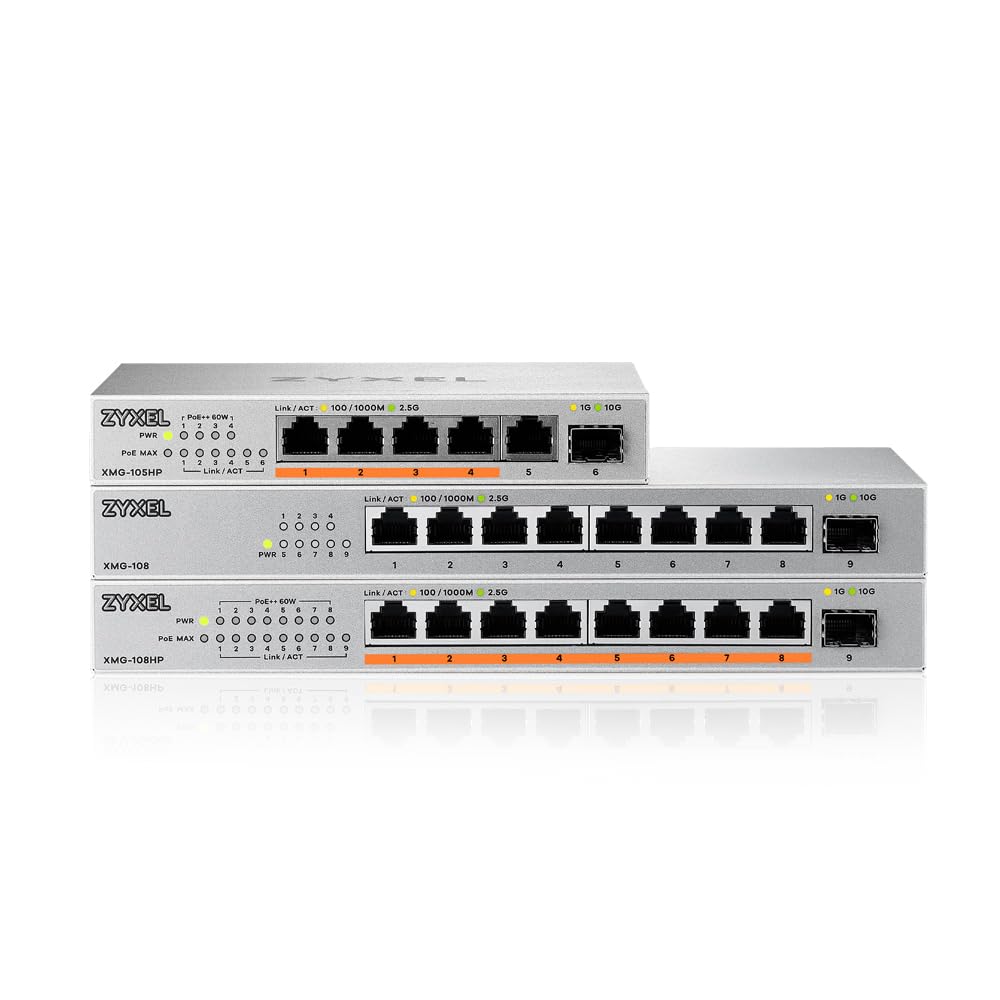 Zyxel 5-Port PoE 2.5G Multi-Gig Unmanaged Switch @ 70W avec 4 x PoE++(60W) | 1 x 10G SFP+ | Desktop ou Wall Mount [XMG-105HP]