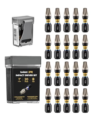 Image of toolant T25 1 inch Impact Torx Bits, 1 /4 inch Hex, S2 Steel, 20-Piece Set | Diamond-coated CNC tips grip screw heads, while strengthened magnets hold screws in tight spaces.