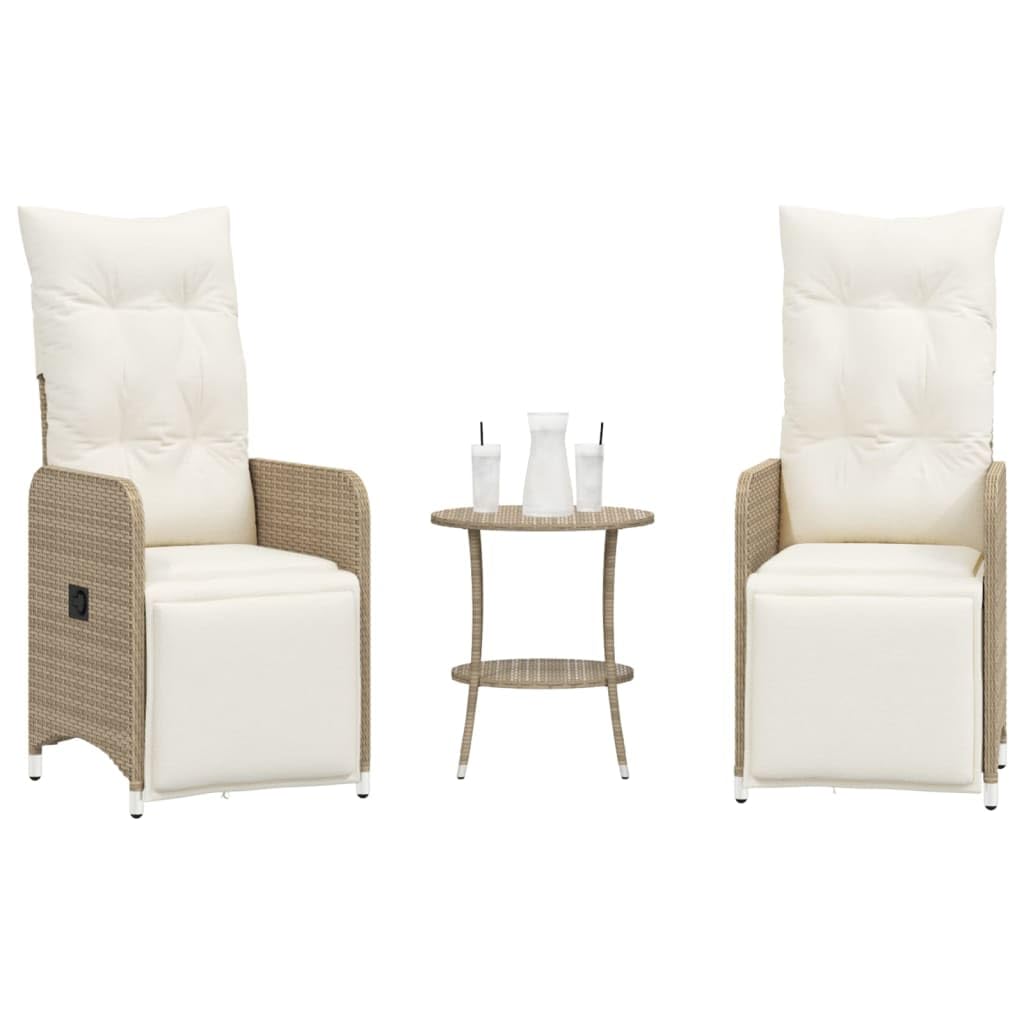 vidaXL Gartensessel mit Tisch 2 STK., Verstellbar Gartenstuhl mit Stahlrahmen, Loungesessel für Außenbereich, Relaxsessel Sthulset, Beige Poly Rattan