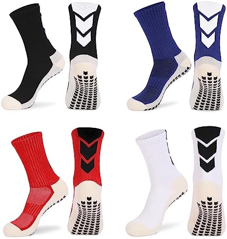 QCWQMYL Non Slip Soccer Grip Socks Mens 4 Pairs Hospital Socks for Football Basketball Pilates Ballet Men's Athletic Socks Youth