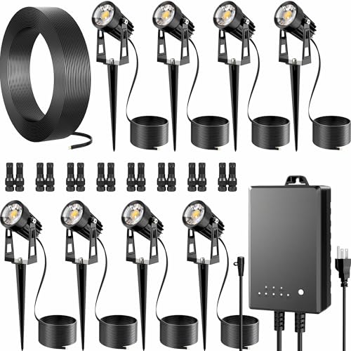 All-in-One Outdoor Low Voltage Landscape Lighting Kit, LED Landscape Spot Lights with 60W Transformer and 65FT Wire, Waterproof Outside Spotlights for Yard, Garden, Tree, Pathway, House, 3000K, 8 Pack by AUDERWIN - Used condition - US$51.83