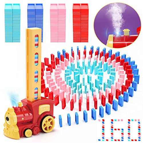Skirfy Dominoes Train Set- 160Pcs Domino Blocks Set Automatically Run With Real Steam Function,Toys With Lights And Sound,Creative Toys For Kids Aged 4-8 With Storage Bag, Gifts For Kids #TOP24