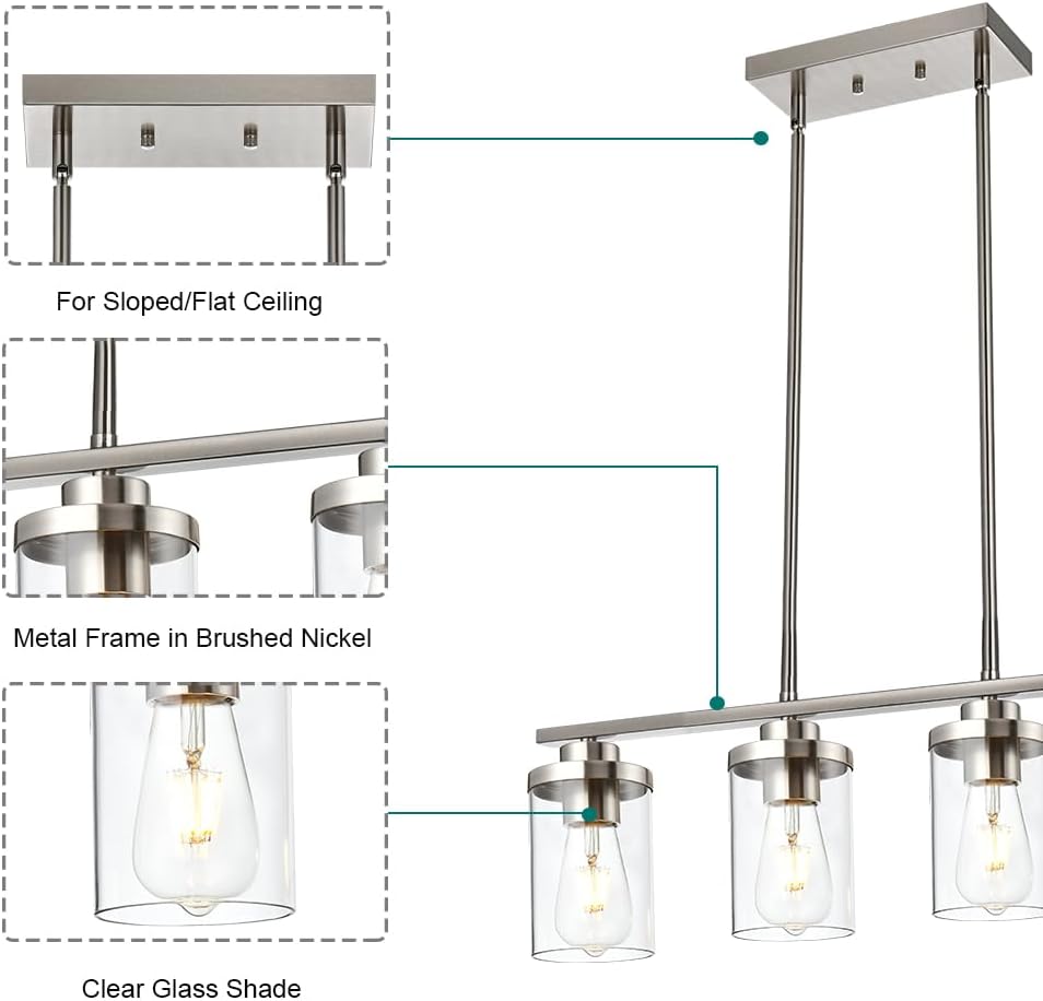 4-Light Dining Room Light Fixtures, Modern Kitchen Island Pendant Lighting Brushed Nickel Flush Mount Ceiling Hanging Lighting with Glass Shade Pendant Lights for Living Room Bedroom Hallway