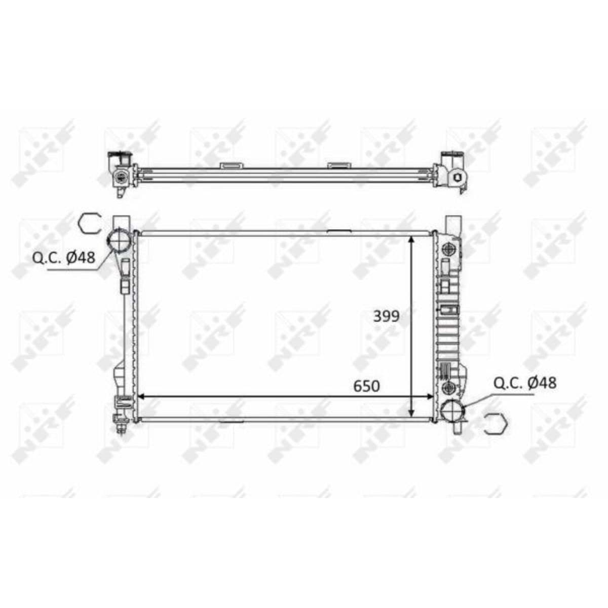 NRF Radiador refrigeración del motor para vehículos con radiador combinado agua/aceite Ancho de red 398mm Longitud de red 650mm Profundidad de red 26mm Compatible con MERCEDES-BENZ Clase C Sedán W203