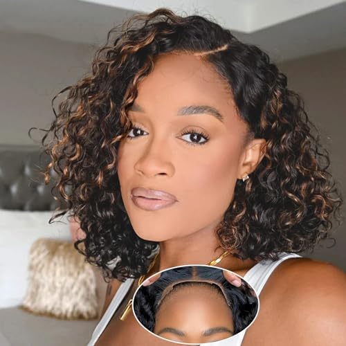 Rolisy 5×5 Closure Bob Wig Human Hair 10 Inch Glueless Wigs Human Hair Pre Plucked Pre Cut Short Curly Wig Water Wave C Part Balayage Ombre Wigs for Black Women P1B/30