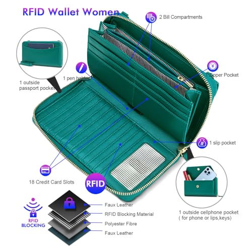 Image of nuoku RFID Blocking Wristlet Wallet for Women, Zip-Around Crossbody Clutch with 2 Removable Straps