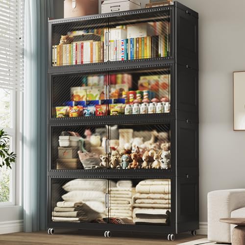 Image of 200 Gallon Extra Large Collapsible Storage Bin with Lid, 960QT Stackable Plastic Organizer with 6x Wheels, Foldable Drawer Cabinet for Closet, Living Room Office, Kitchen 4Pack, Black