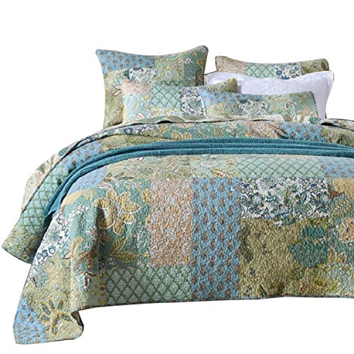 Green Patchwork Quilt Cover Sets King Size, Cotton Quilted Bedspread Sets 3-Piece, 1 Quilt, 2 Pillow Shams (King, Green Patchwork) #TOP20