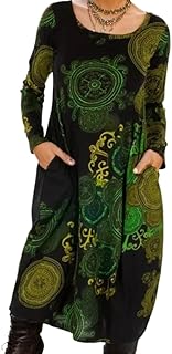 Sponsored Ad - Akivide Womens Fall Cotton Pleated Ethnic Floral Print Midi Dress with Pocket Loose Casual Long Sleeve Crew...